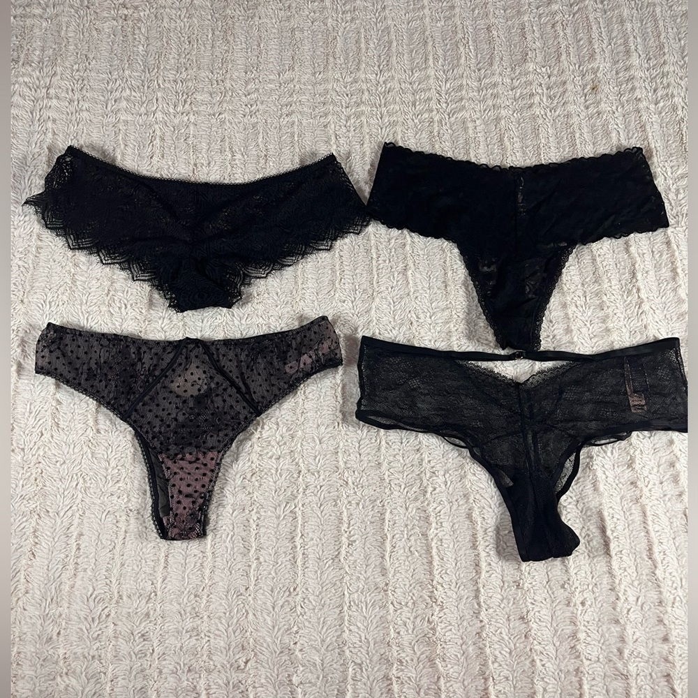 Victoria’s Secret Bundle of 4 Black Cheeky Lacie Thong Panties Large NWT, NWOT